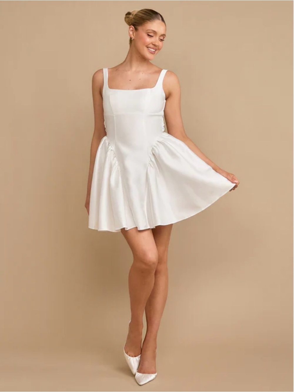 CHARLOTTE
Satin Bow Back Pleated Skirt Mini Dress - White NWT